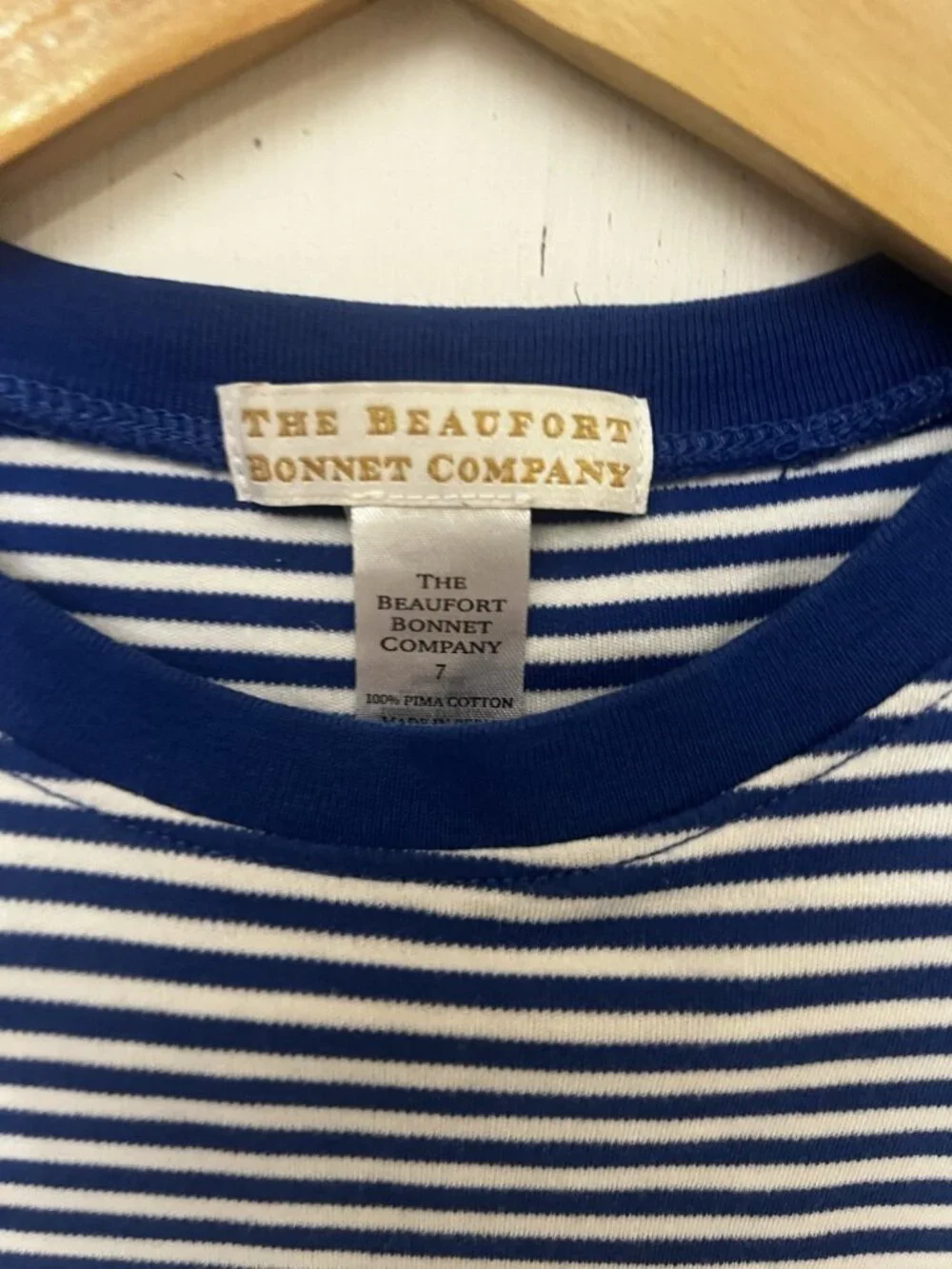 The Beaufort Bonnet Company Boys T-Shirt Striped Blue White Logo size 7.  V